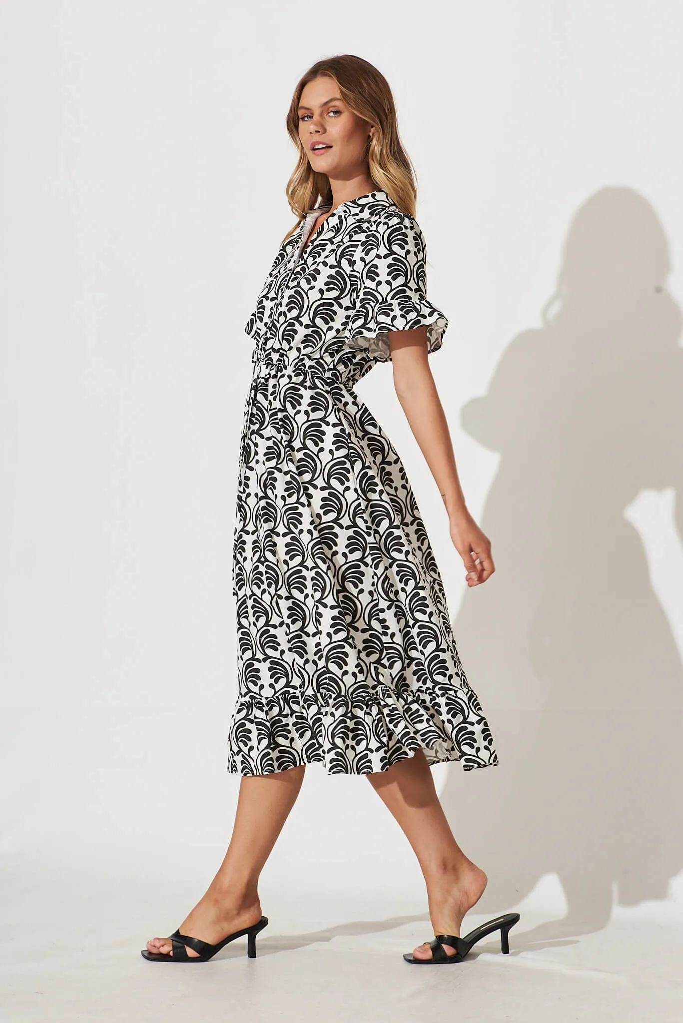 Aiken Midi Dress In Black With White Print Cotton