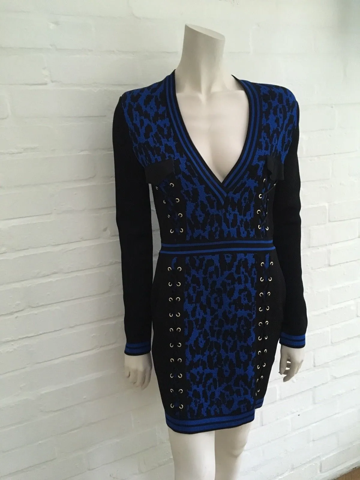 BALMAIN 2017 Lace-up leopard-print knitted mini dress F 38 UK 10 US 6 LADIES