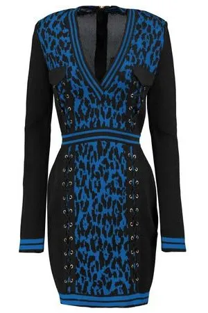 BALMAIN 2017 Lace-up leopard-print knitted mini dress F 38 UK 10 US 6 LADIES