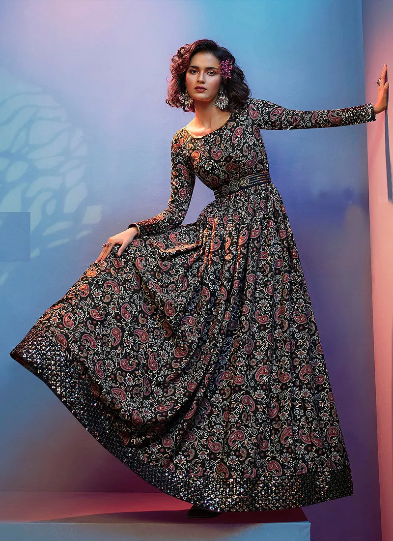 Black Floral Print And Sequence Embroidered Crape Gown