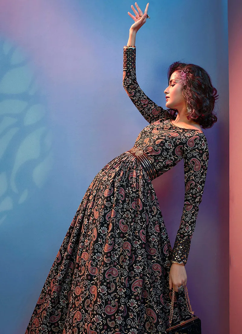 Black Floral Print And Sequence Embroidered Crape Gown