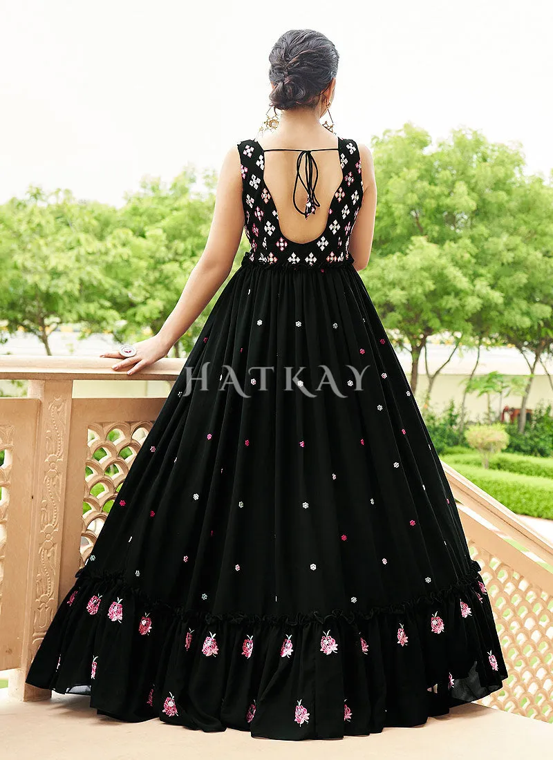 Black Multi Embroidered Flared Anarkali Gown