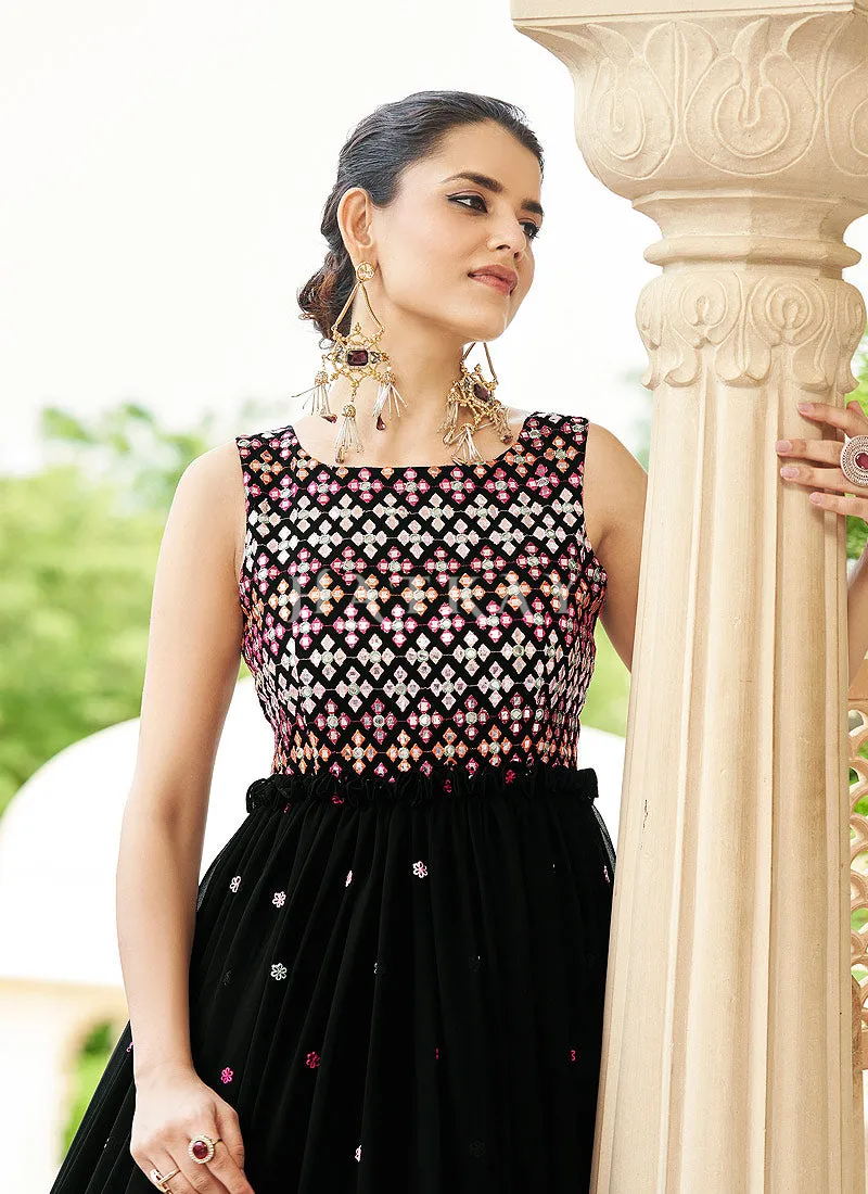 Black Multi Embroidered Flared Anarkali Gown