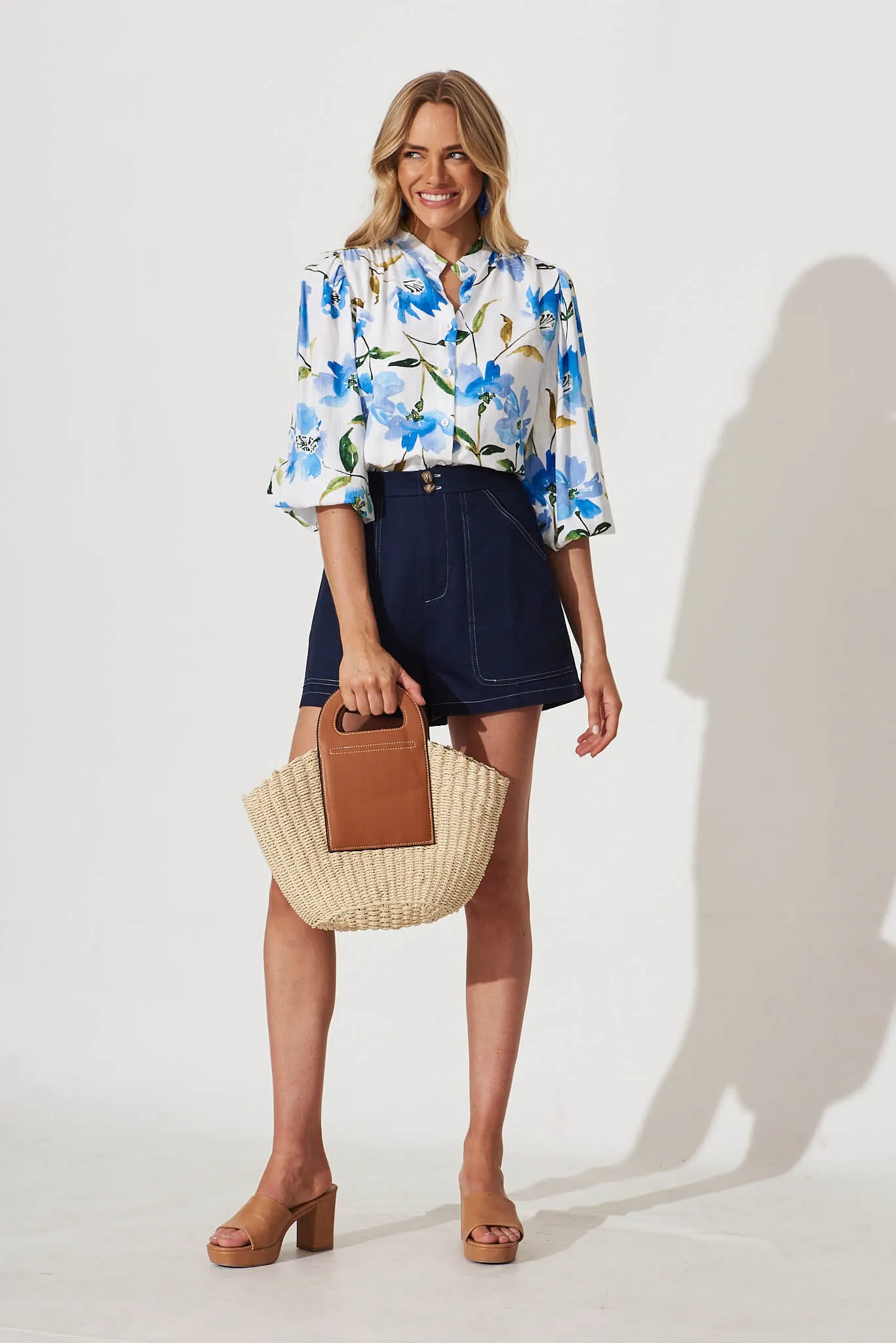 Botanica Shirt In White With Blue Floral Linen Blend