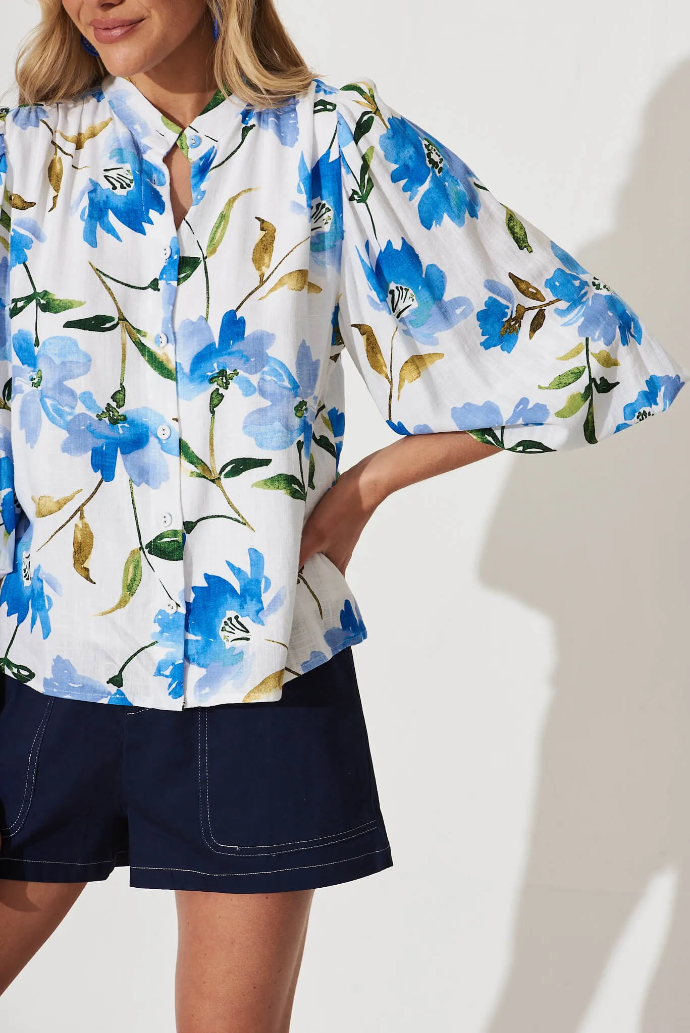 Botanica Shirt In White With Blue Floral Linen Blend
