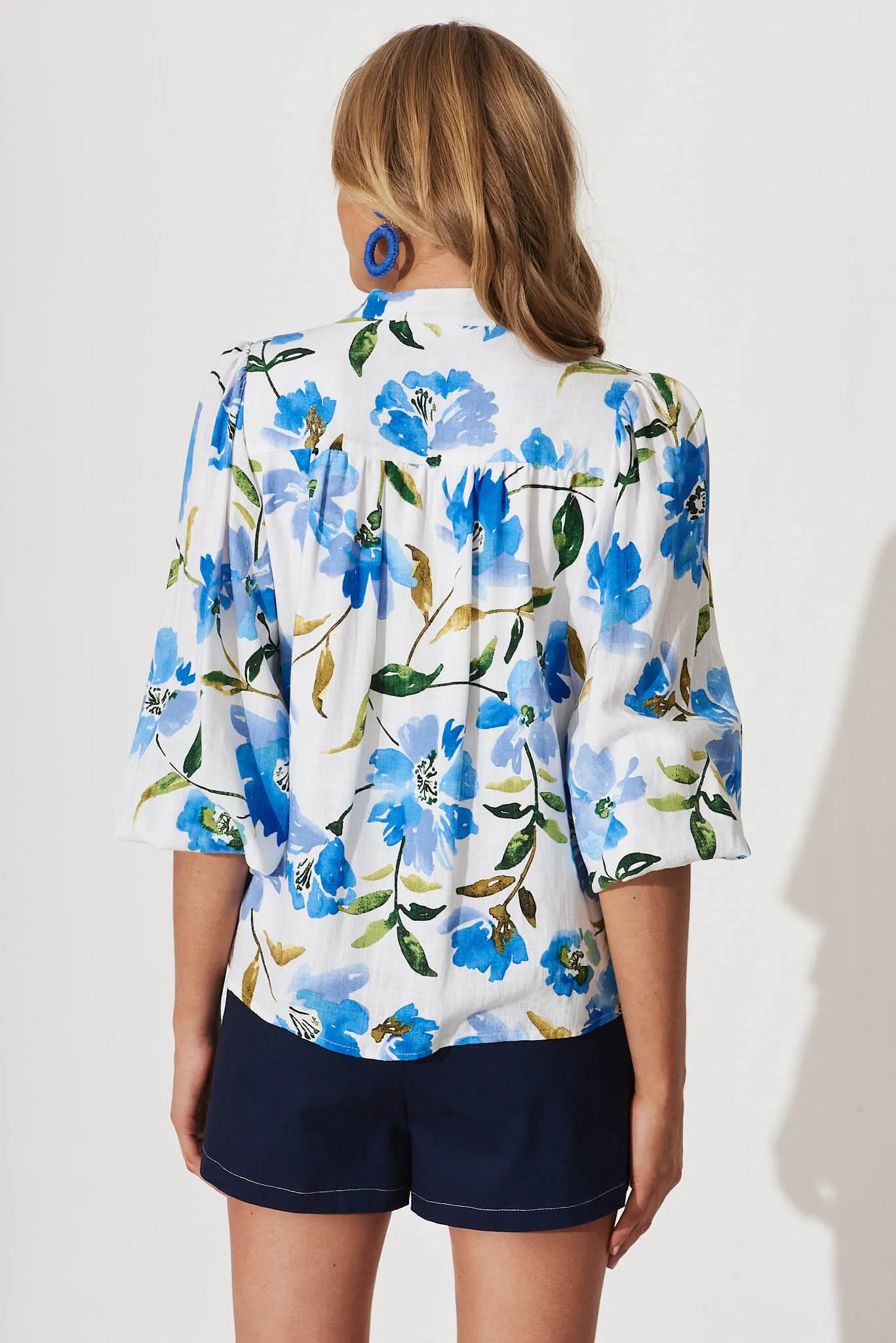 Botanica Shirt In White With Blue Floral Linen Blend