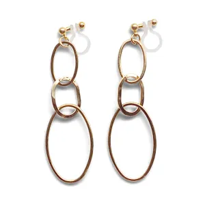 Dangle Gold Triple Hoop Invisible Clip on Earrings