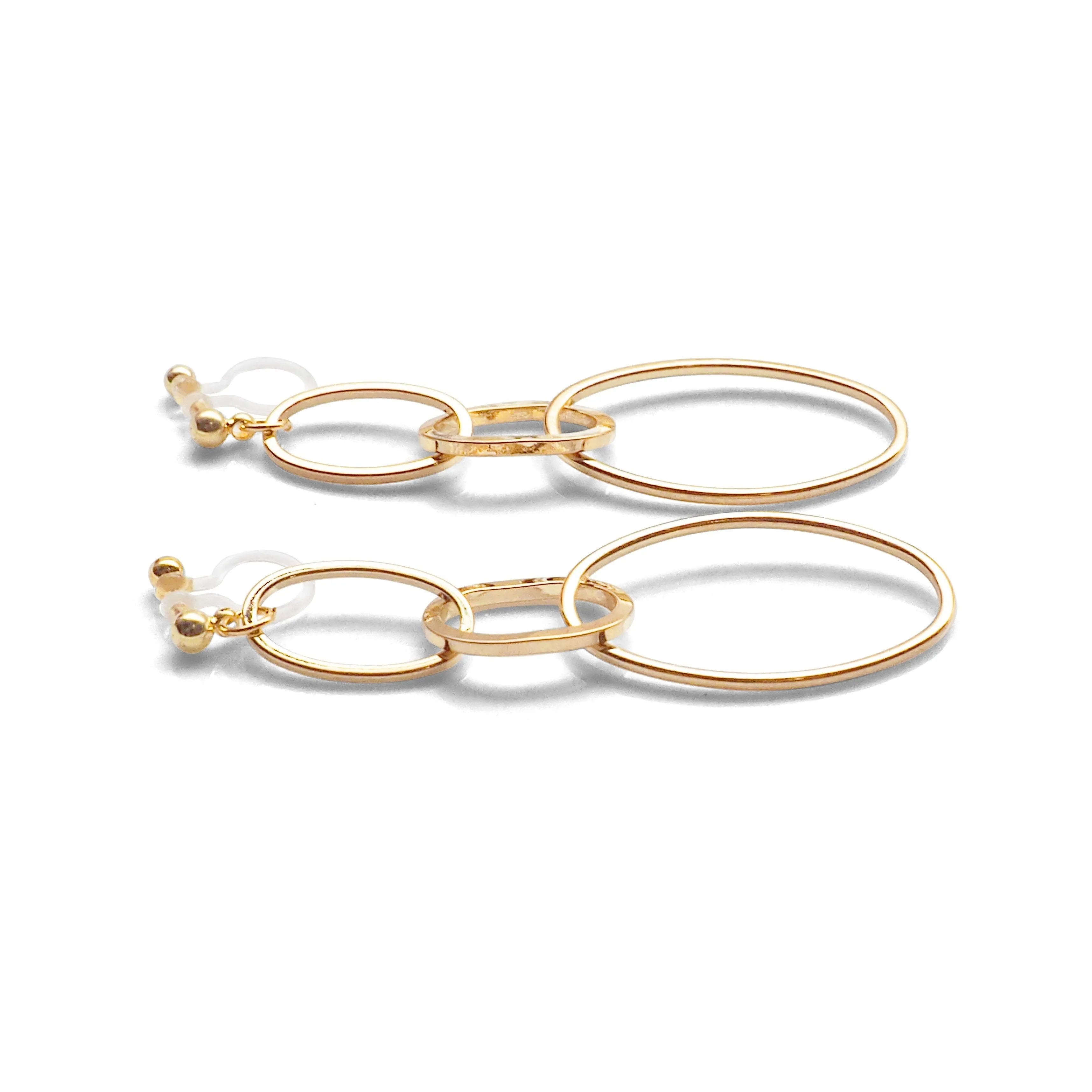 Dangle Gold Triple Hoop Invisible Clip on Earrings