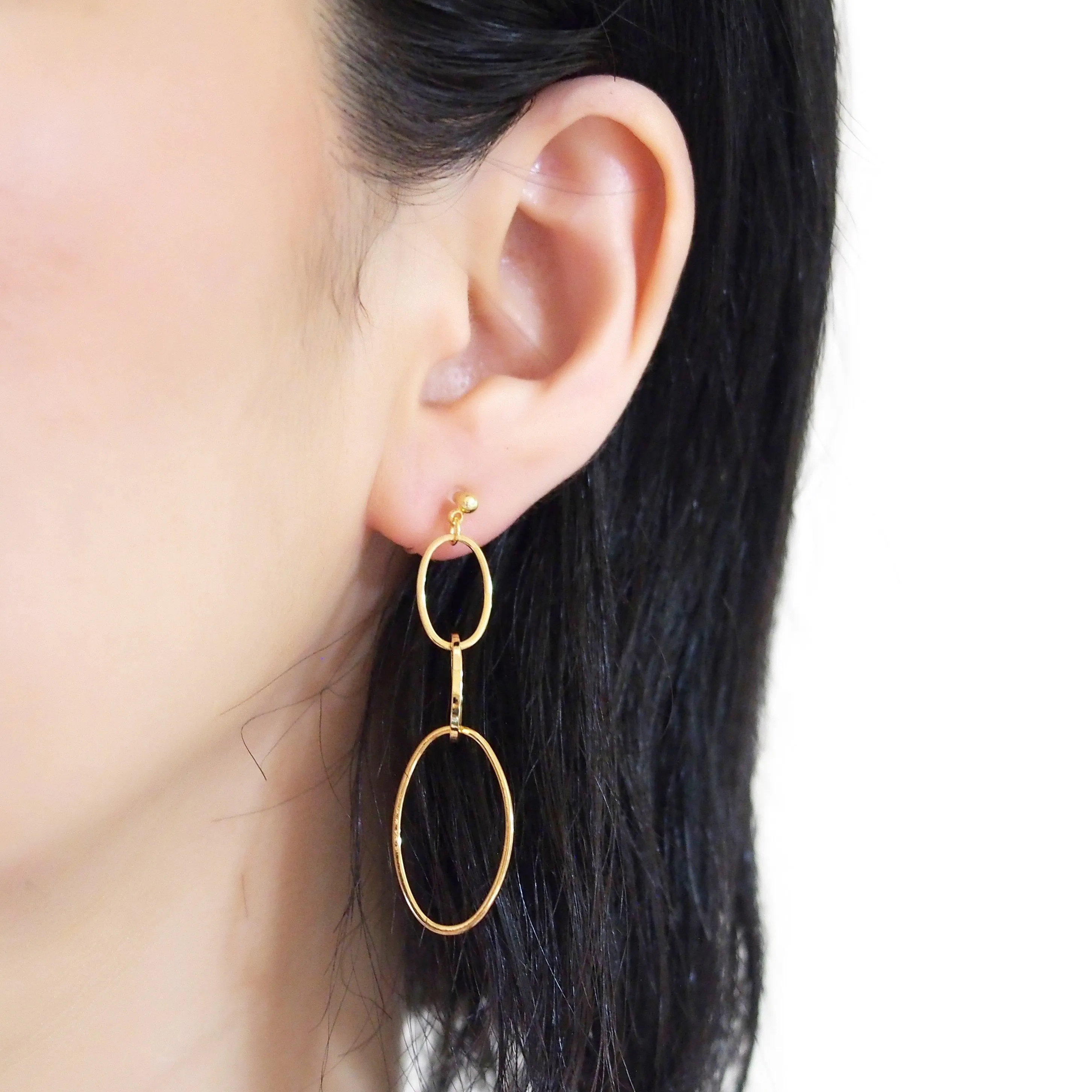 Dangle Gold Triple Hoop Invisible Clip on Earrings