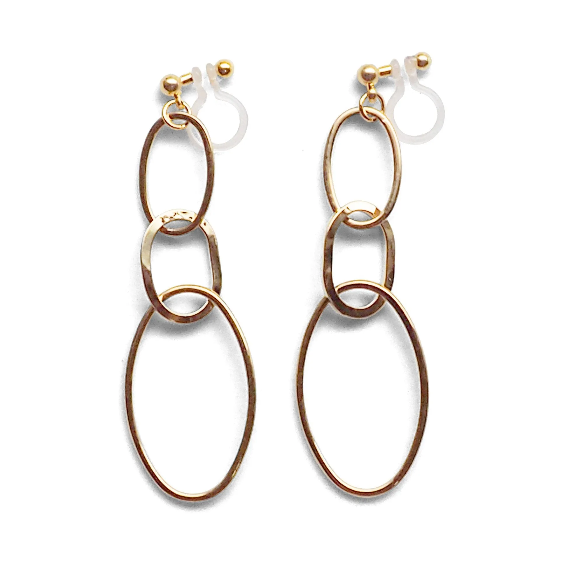 Dangle Gold Triple Hoop Invisible Clip on Earrings