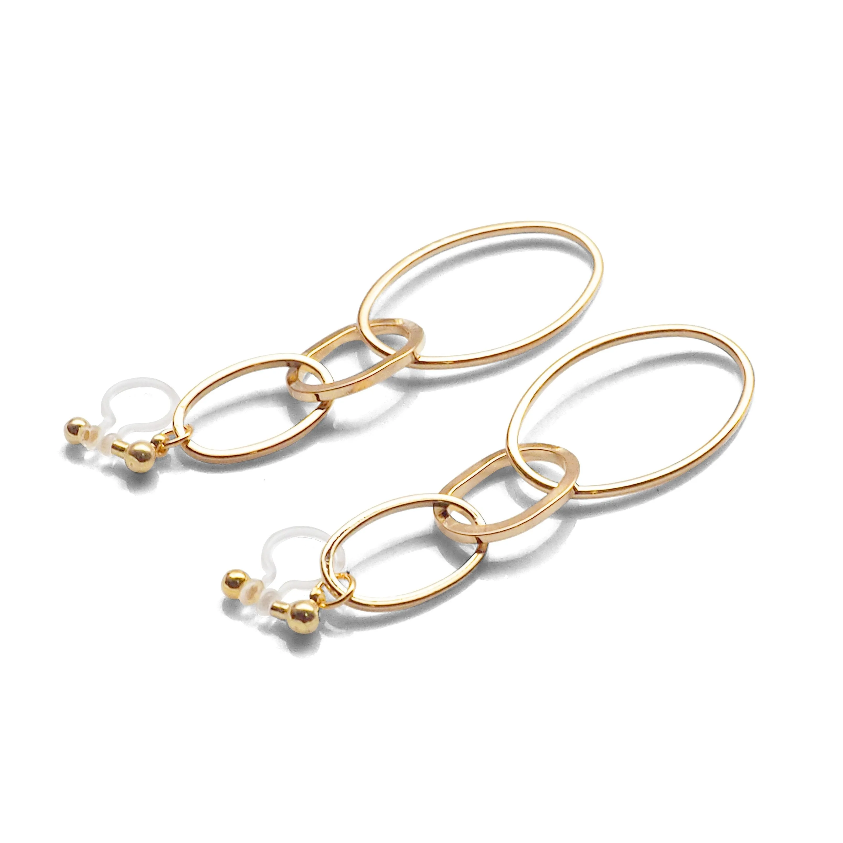 Dangle Gold Triple Hoop Invisible Clip on Earrings