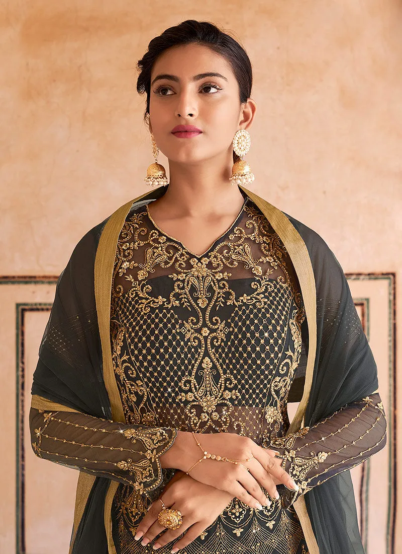 Dark Green Embroidered Anarkali Lehenga