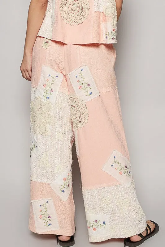 Embroidered Drawstring Lace Patch Wide Leg Pants