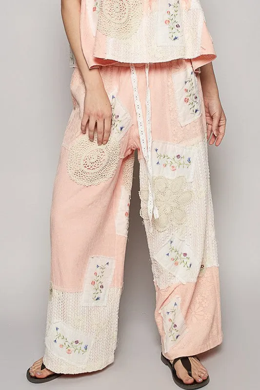 Embroidered Drawstring Lace Patch Wide Leg Pants