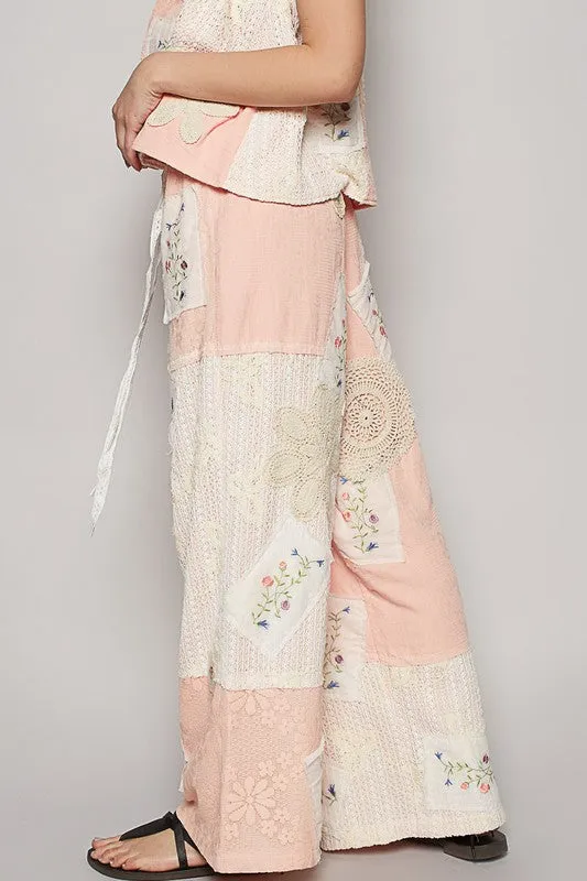 Embroidered Drawstring Lace Patch Wide Leg Pants