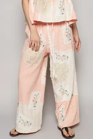 Embroidered Drawstring Lace Patch Wide Leg Pants