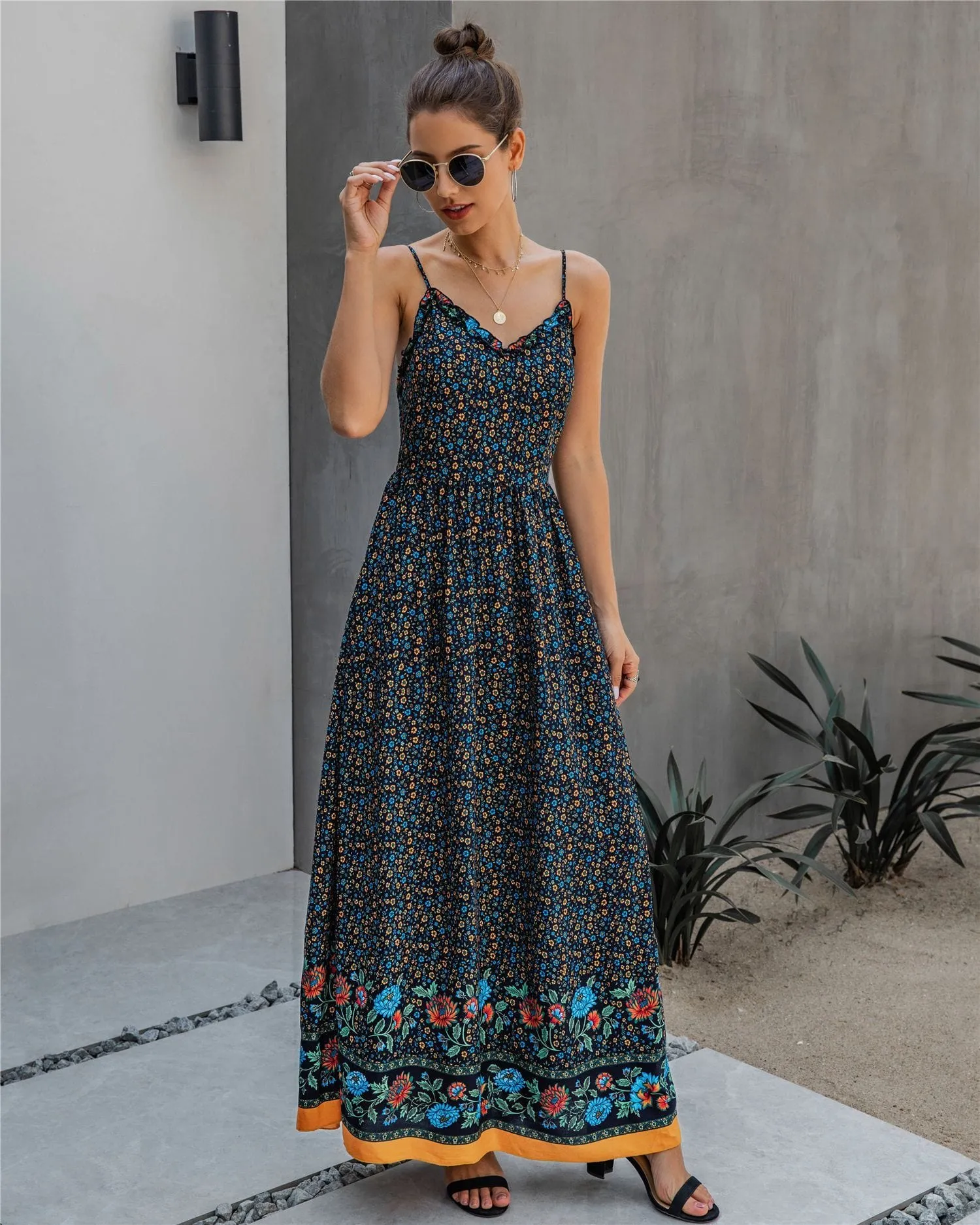 Floral Print V Neck Maxi Dress