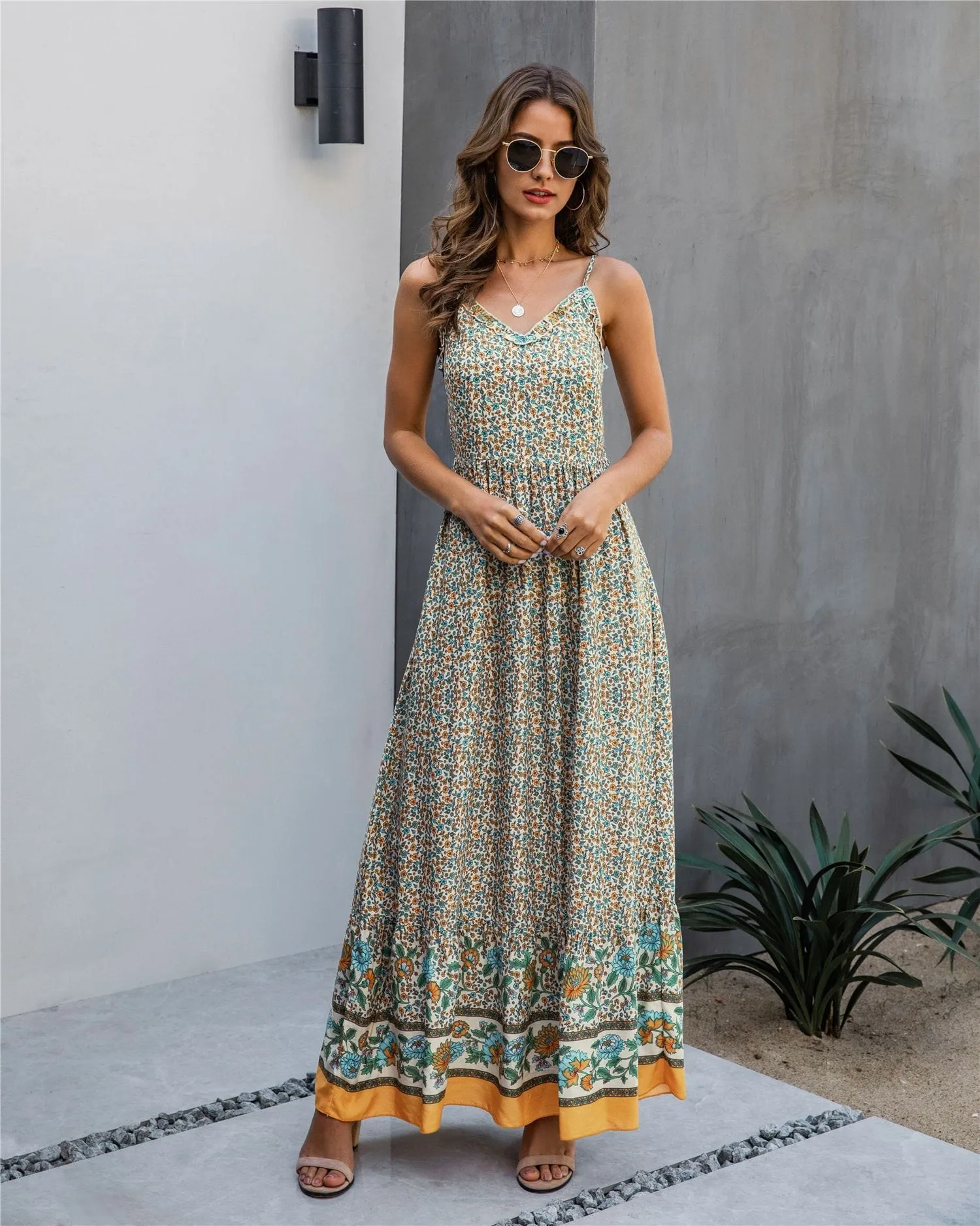 Floral Print V Neck Maxi Dress