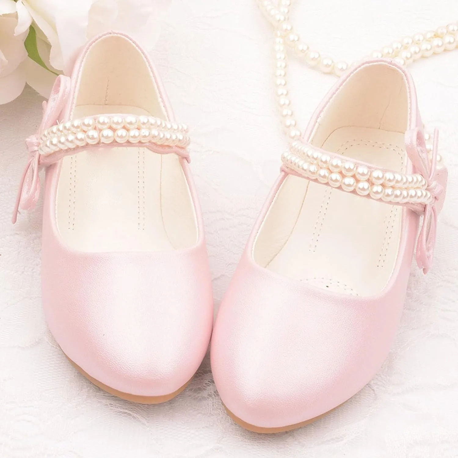 Girls Dress Shoes Toddler Flower Kid Dress Shoes Baby Girl Ballet Flats Pearl Strap for Wedding Party