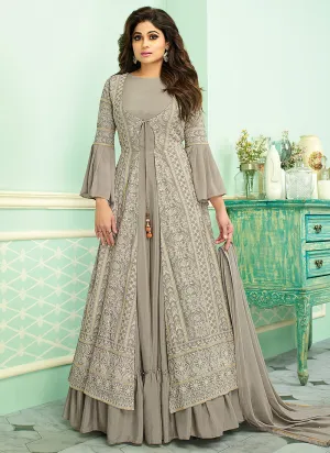 Grey Embroidered Jacket Style Anarkali Suit