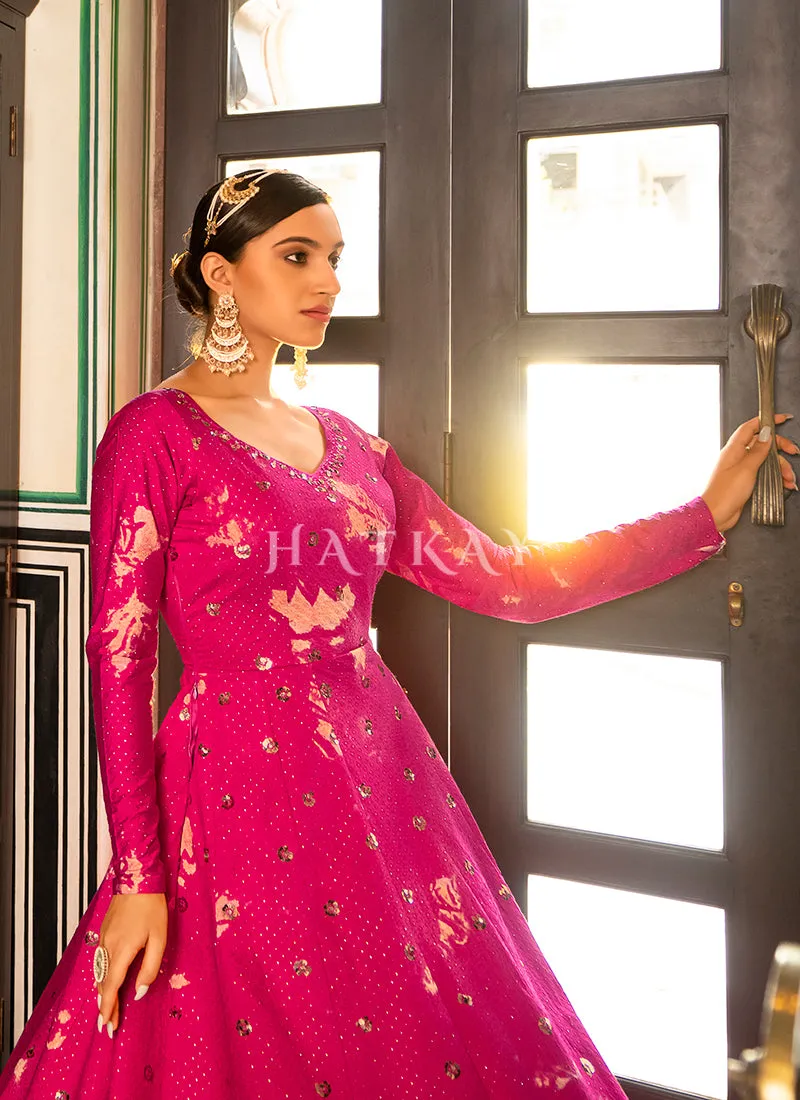 Hot Pink Tie Dye Sequence Embroidery Bollywood Gown