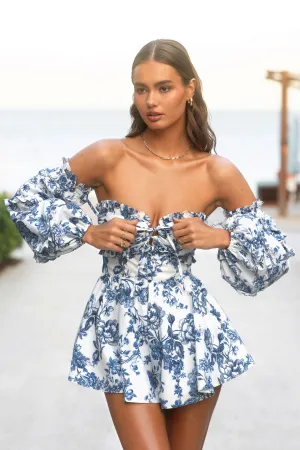 Ithaca | Blue Porcelain Print Bardot Ruffled Playsuit