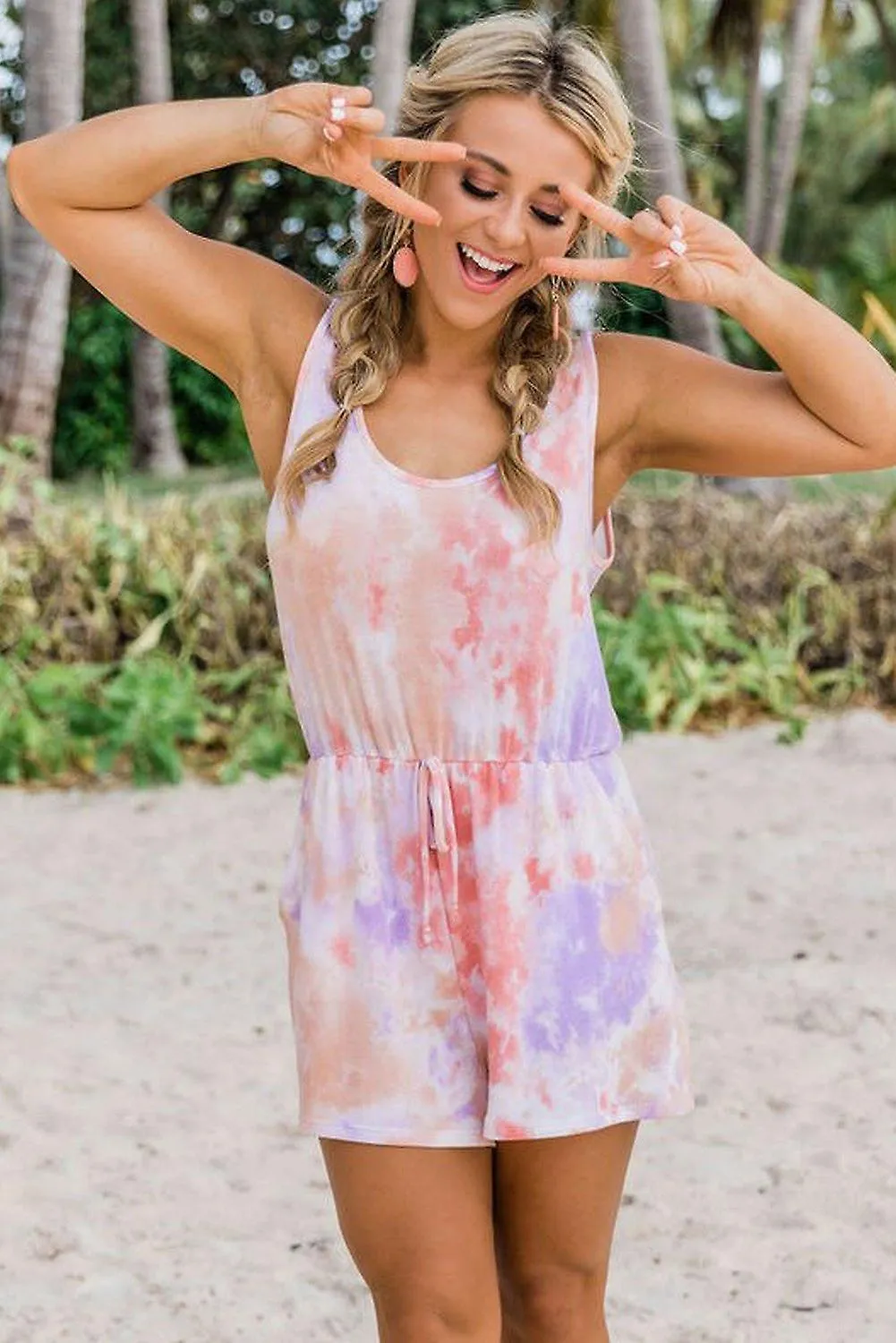 Jumpsuits Rompers Cute Sleeveless Lavender Peach Tie Dye Romper