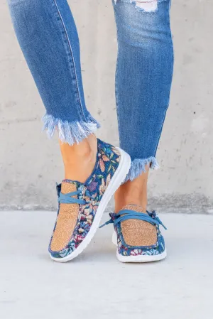 Macy Floral Embossed Boat Shoe Sneakers - Navy
