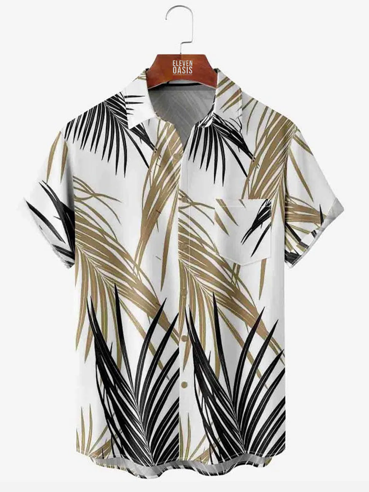 Men's Leaf Print Moisture Wicking Fabric Trendy Lapel Short Sleeve Shirt