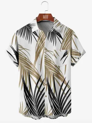 Men's Leaf Print Moisture Wicking Fabric Trendy Lapel Short Sleeve Shirt