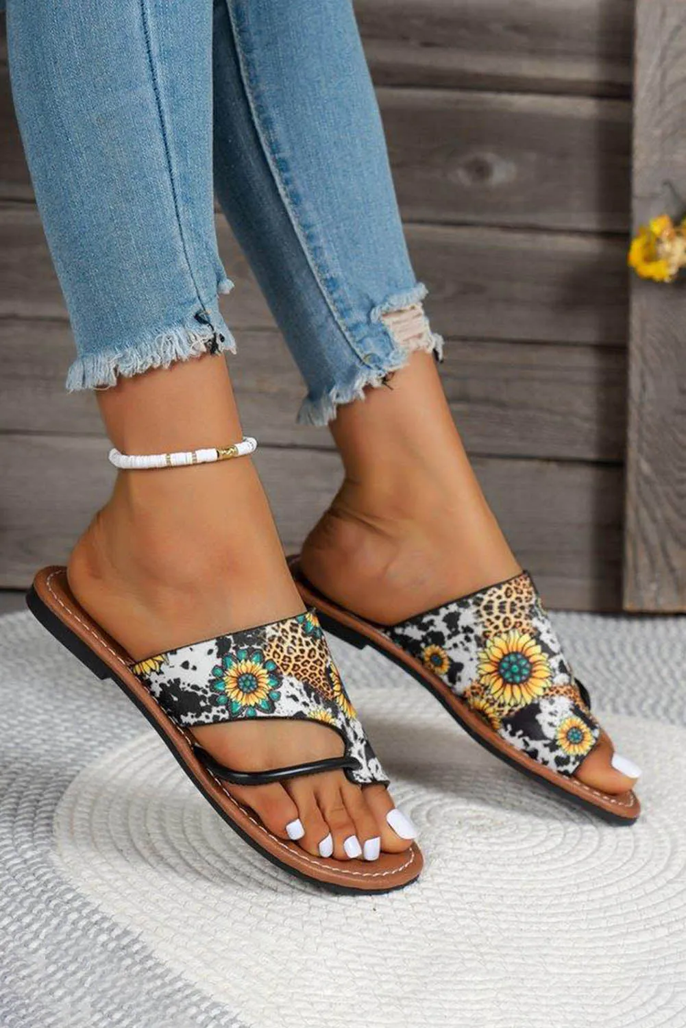 Multicolor Boho Sunflower Print Flat Flip Flops