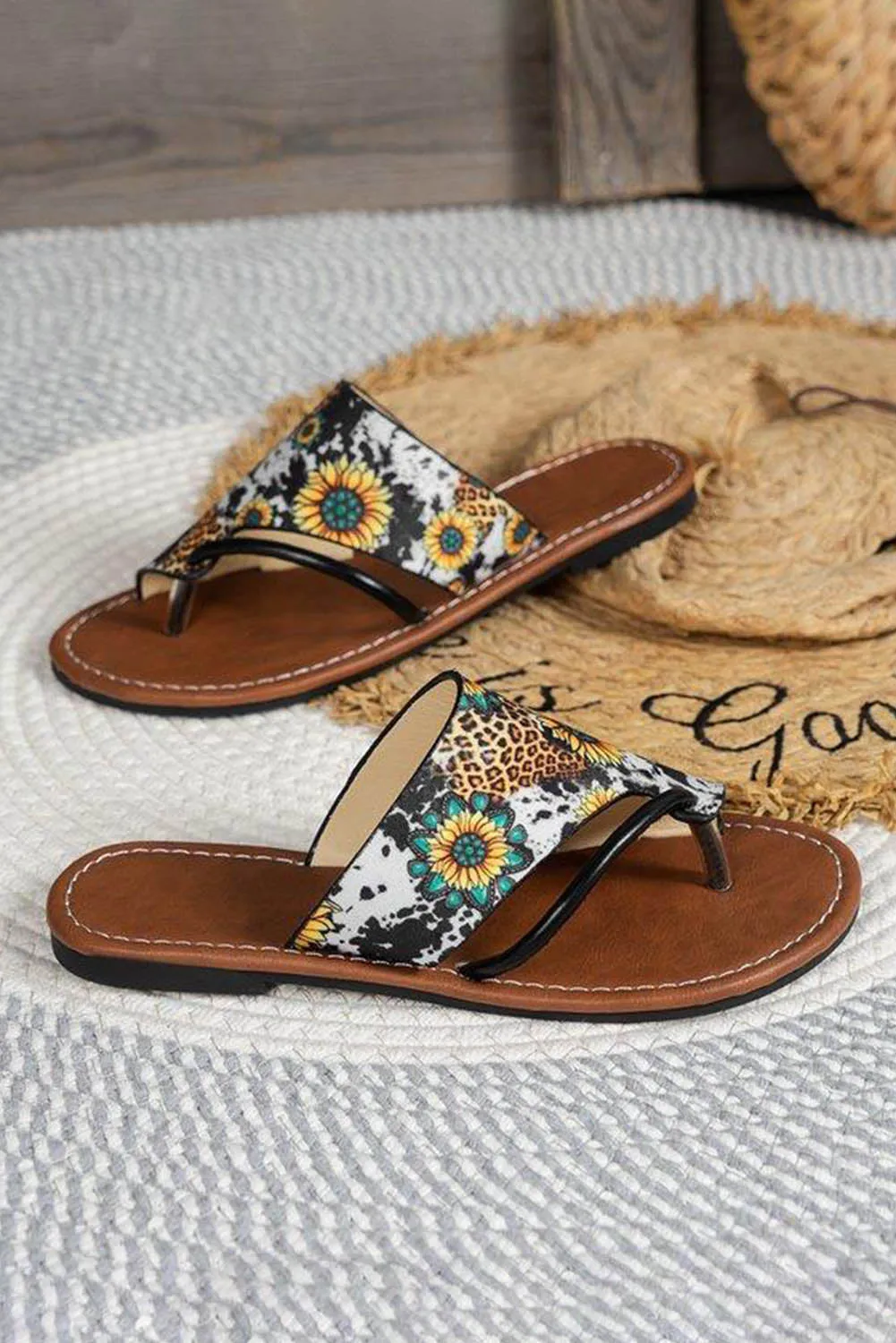 Multicolor Boho Sunflower Print Flat Flip Flops