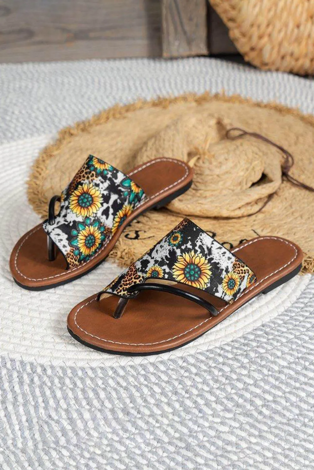 Multicolor Boho Sunflower Print Flat Flip Flops