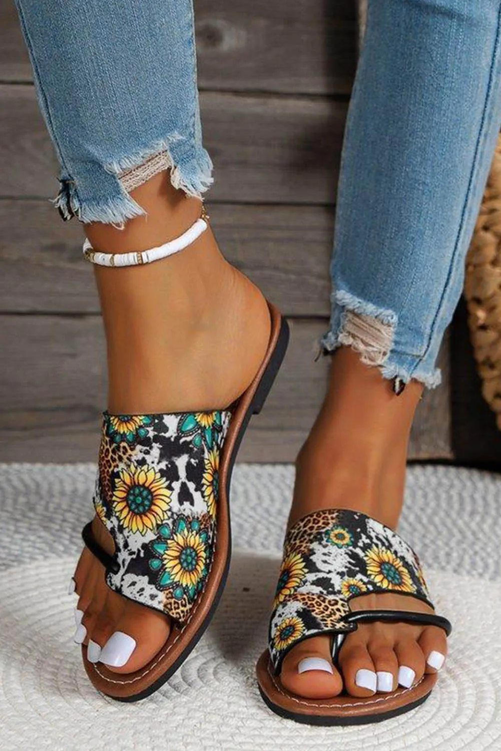 Multicolor Boho Sunflower Print Flat Flip Flops