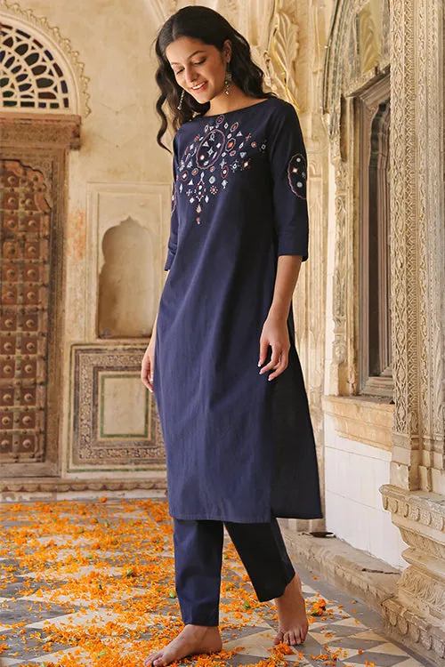 Okhai 'Riverbank' Pure Cotton Hand Embroidered Mirror Work Kurta Pant Set