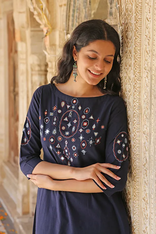 Okhai 'Riverbank' Pure Cotton Hand Embroidered Mirror Work Kurta Pant Set