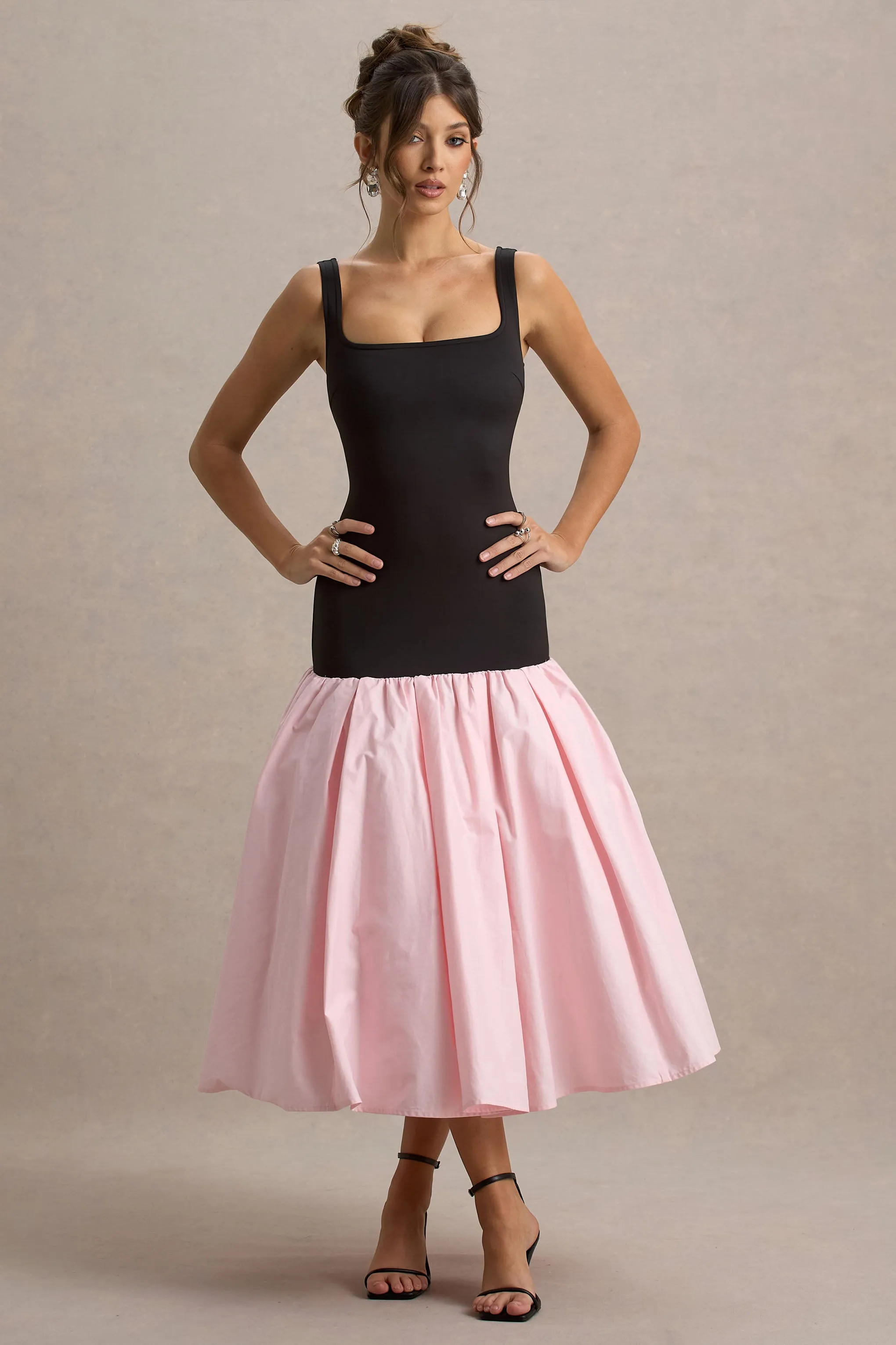 Parida | Black & Pink Poplin Drop-Waist Maxi Dress With Peplum Hem