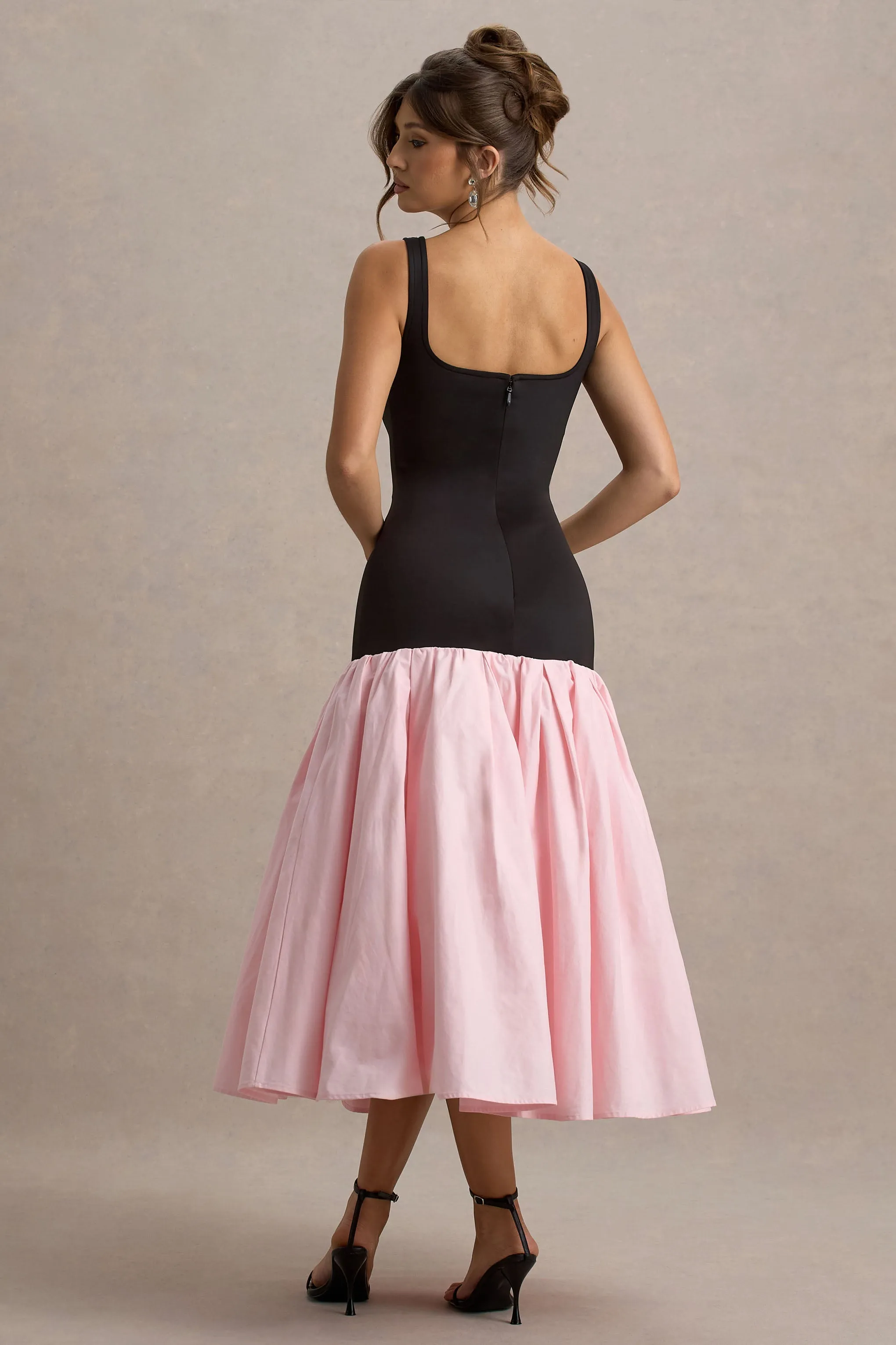 Parida | Black & Pink Poplin Drop-Waist Maxi Dress With Peplum Hem