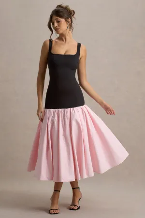 Parida | Black & Pink Poplin Drop-Waist Maxi Dress With Peplum Hem
