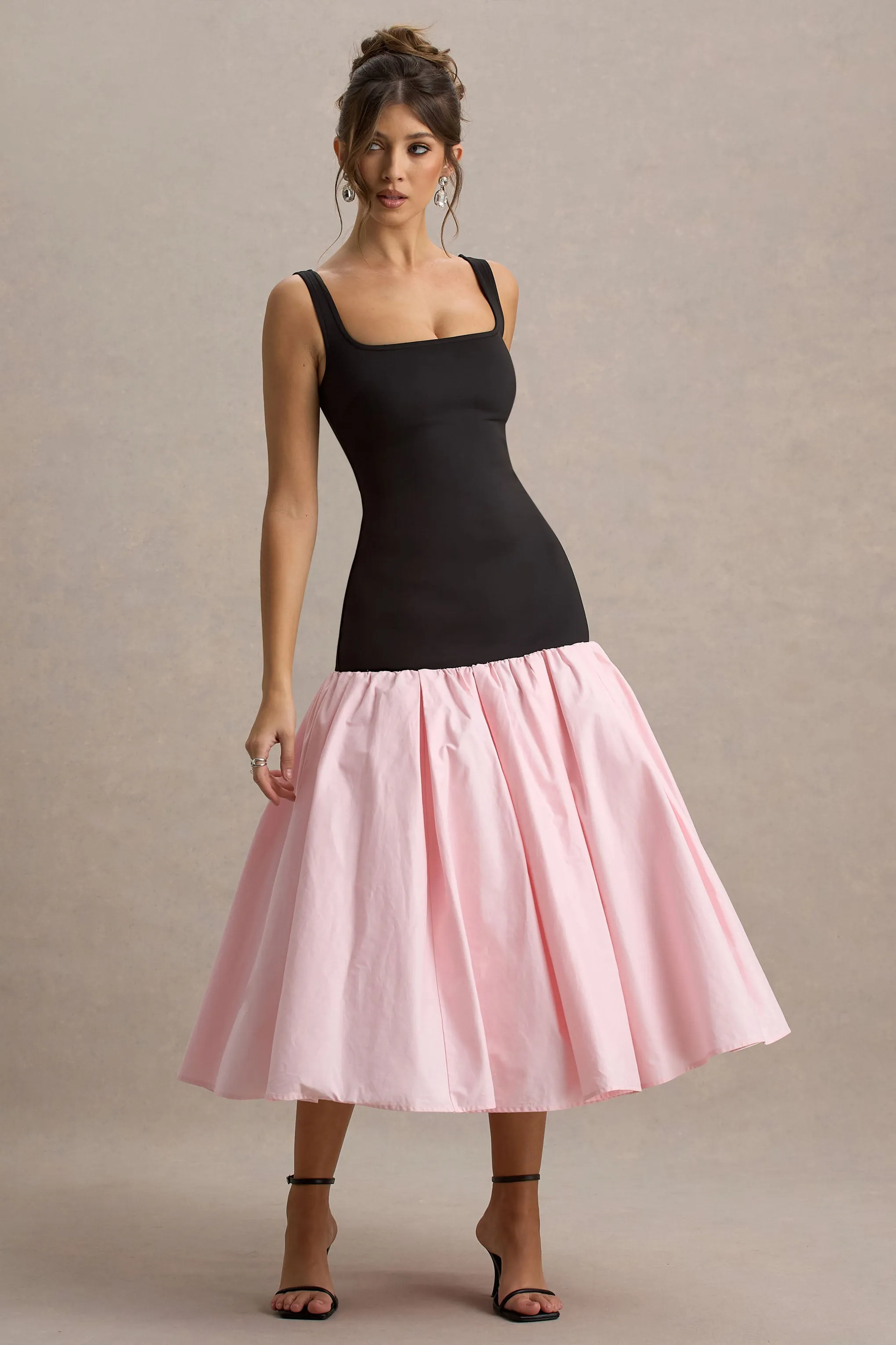 Parida | Black & Pink Poplin Drop-Waist Maxi Dress With Peplum Hem