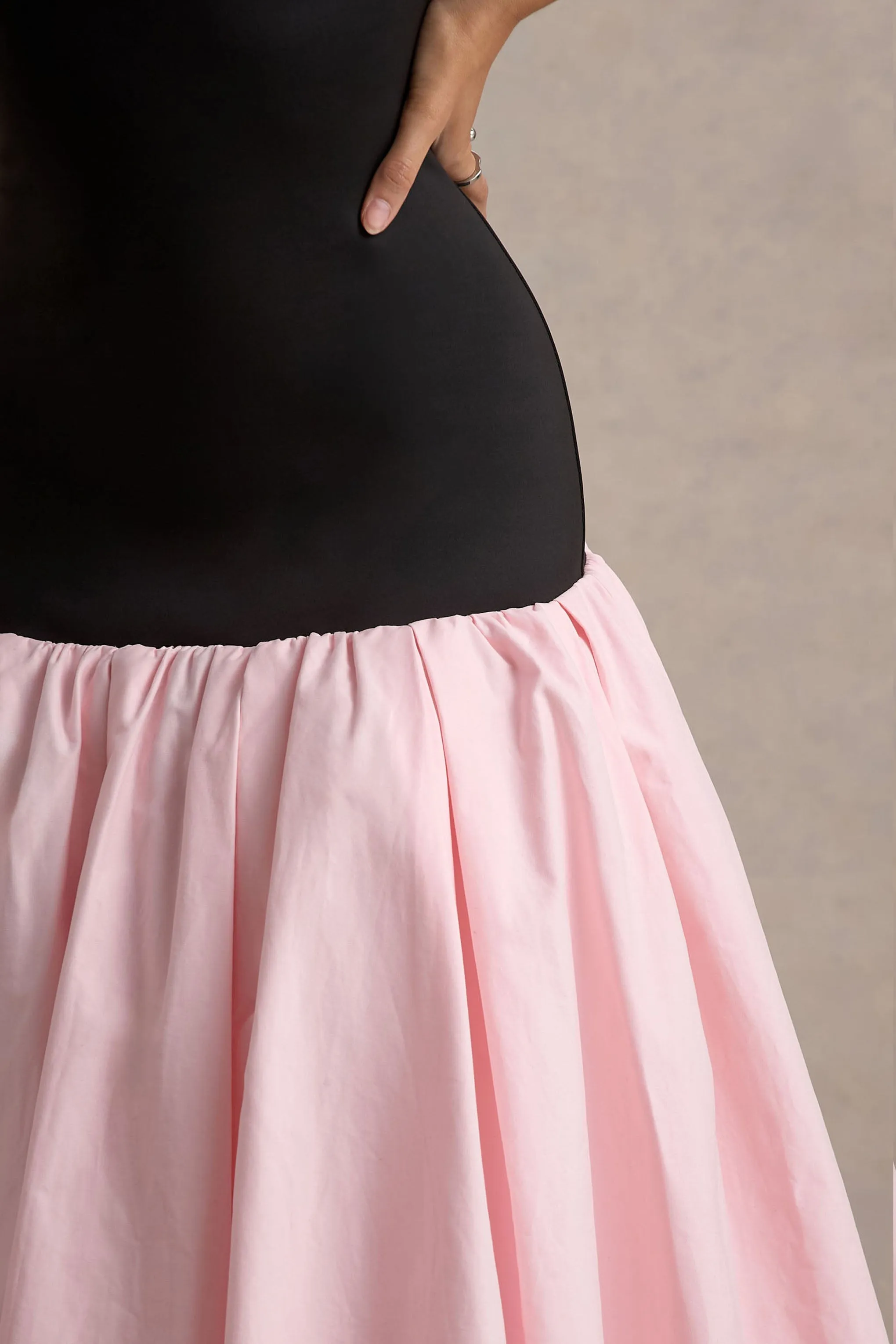 Parida | Black & Pink Poplin Drop-Waist Maxi Dress With Peplum Hem