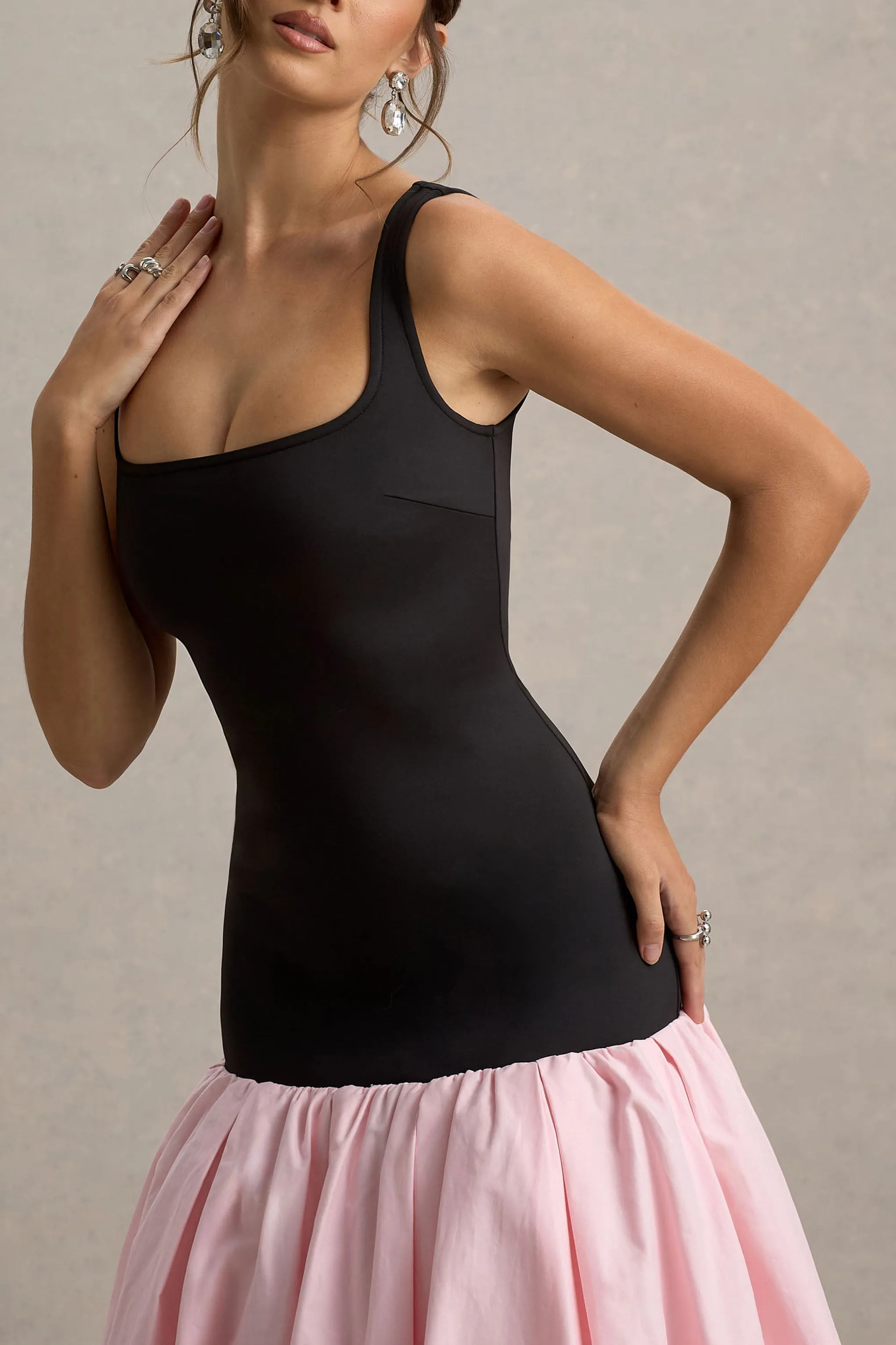 Parida | Black & Pink Poplin Drop-Waist Maxi Dress With Peplum Hem