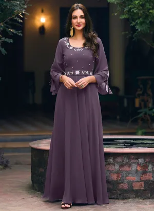 Purple Minimalist Embroidery Flared Gown With Belt