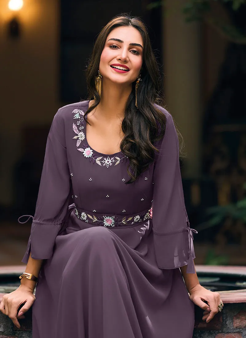 Purple Minimalist Embroidery Flared Gown With Belt