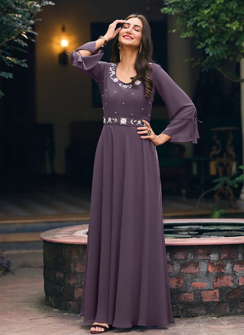 Purple Minimalist Embroidery Flared Gown With Belt