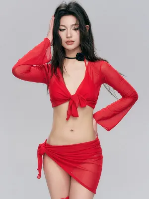 Sheer Sleeve Tie-Front Bikini with Sarong Set