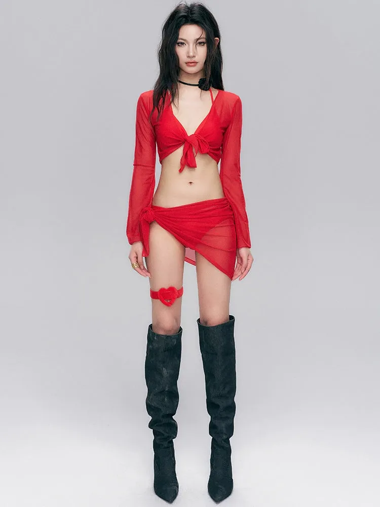Sheer Sleeve Tie-Front Bikini with Sarong Set