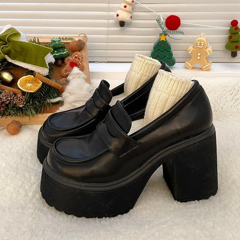Super High Heels Loafers Women 2023 Autumn Patent Leather Chunky Platform Pumps Woman Slip On Black Jk Uniform Shoes Mary Janes