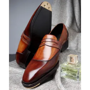 Tan   Brown Mirror Glossed Patina Dual Tone Full Saddle Penny Loafers   Metal Toe