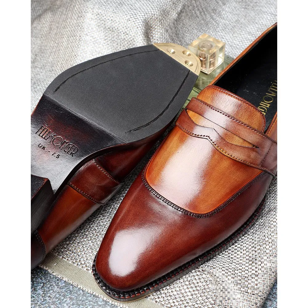 Tan   Brown Mirror Glossed Patina Dual Tone Full Saddle Penny Loafers   Metal Toe